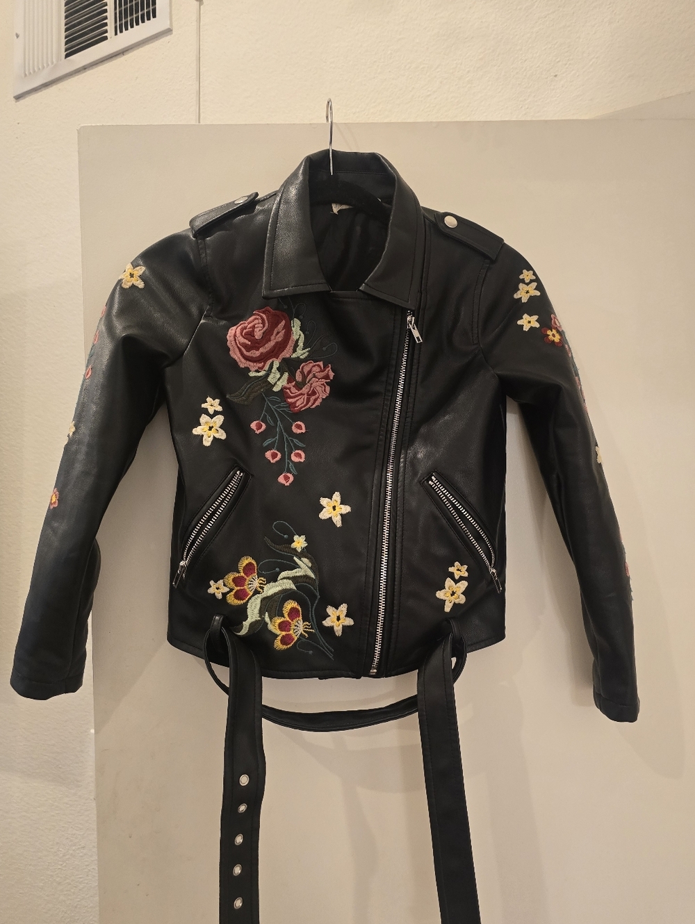 Kids Size 10 Embroidered Black Floral Moto Jacket